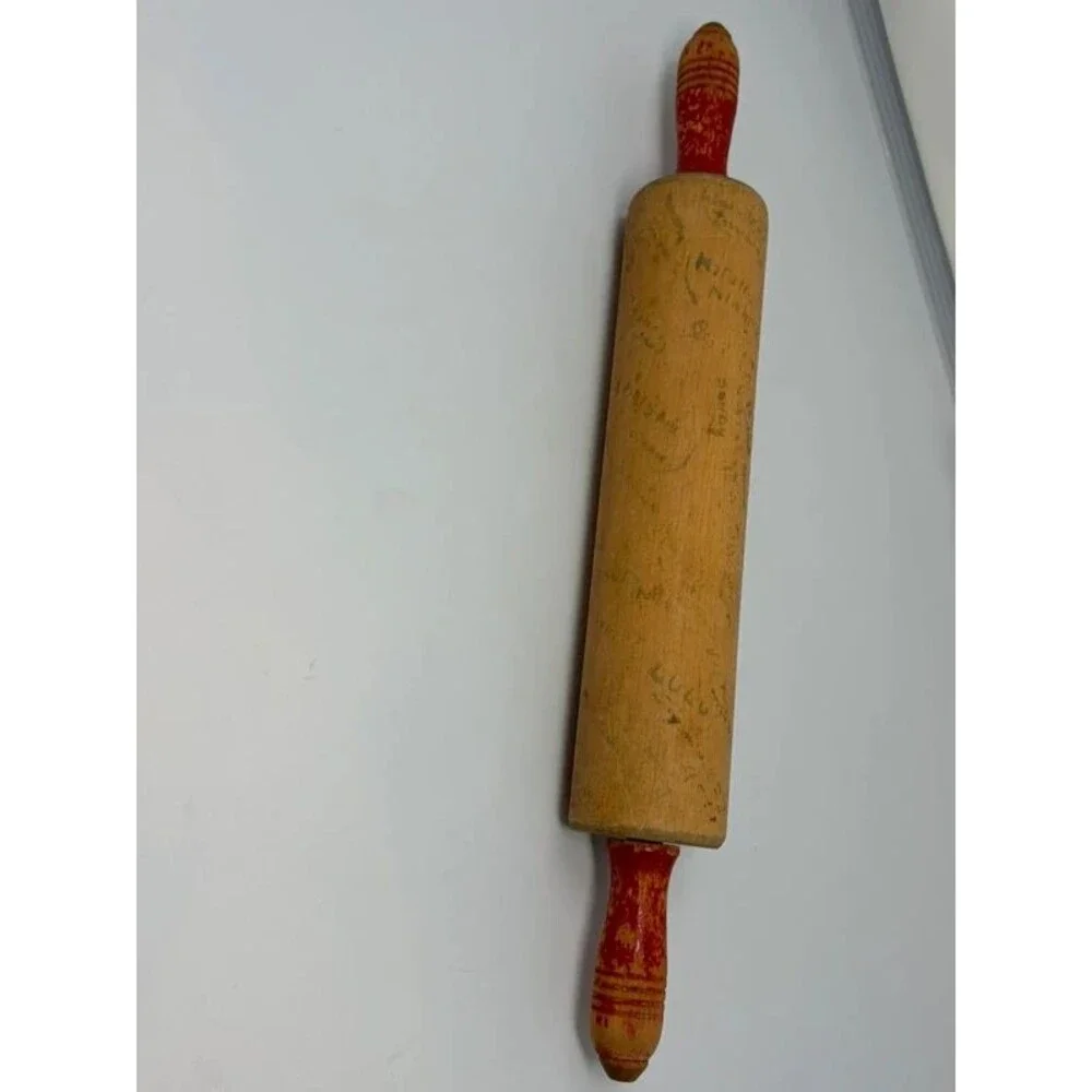 Vintage Signed Wooden Rolling Pin Red Handles Novelty Guest Book Bridal Gift
